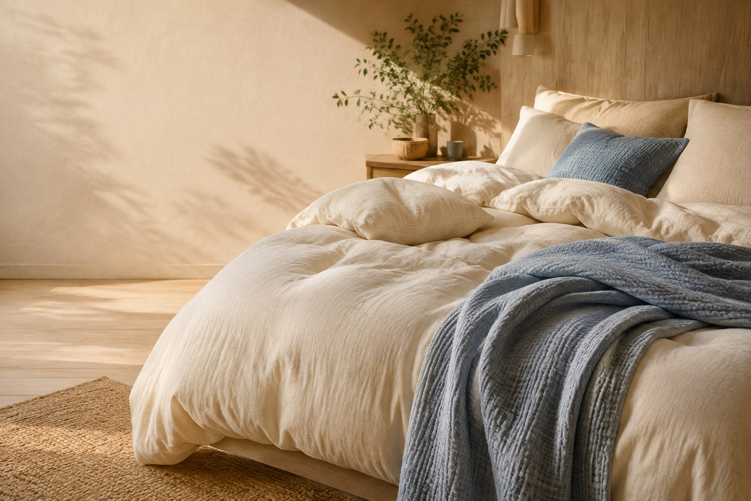 Warm morning light across layered cream bedding with a textured throw