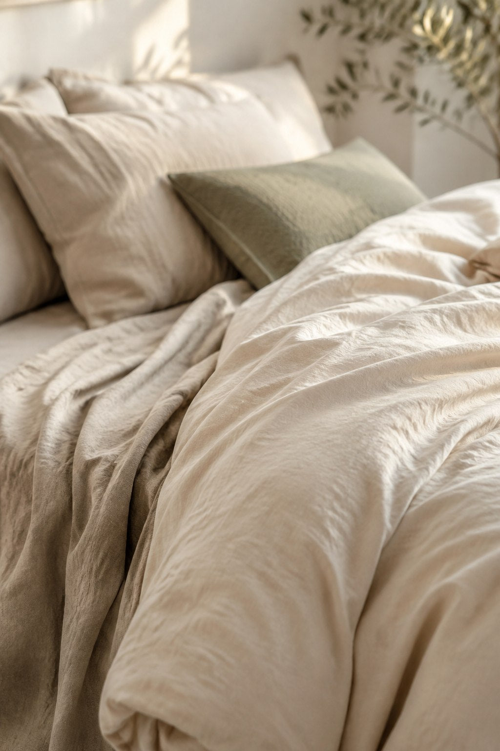 Close-up layers of warm cream and oat bedding