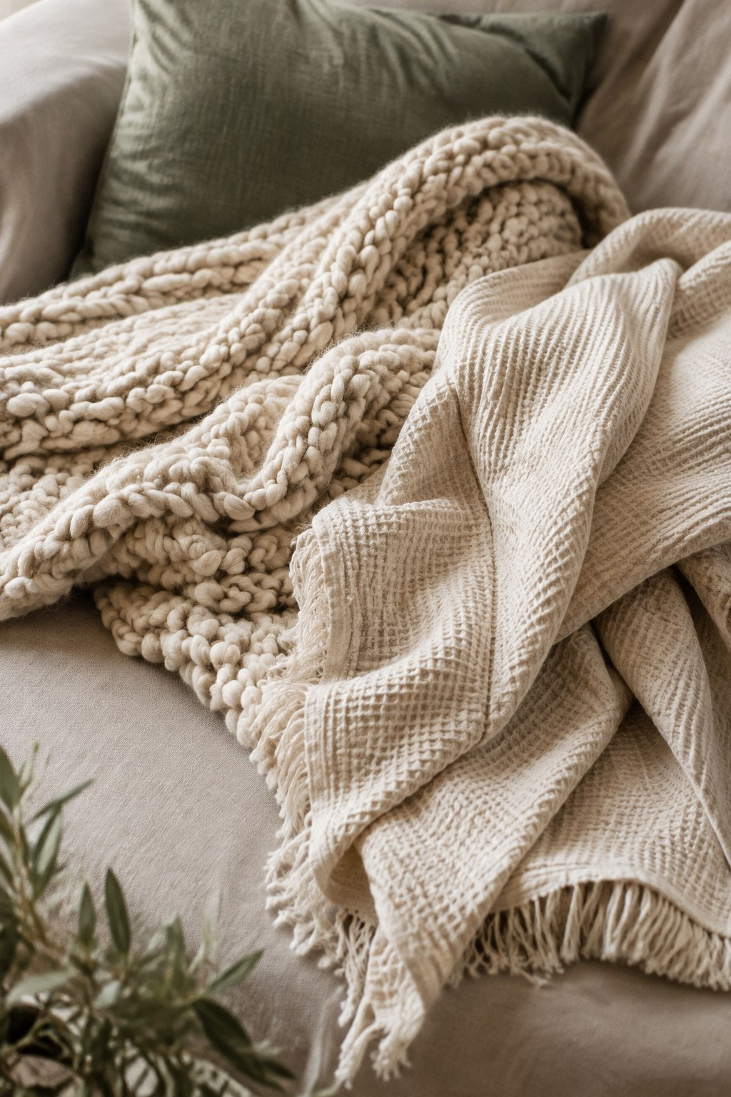 Close-up chunky knit and waffle-weave blankets